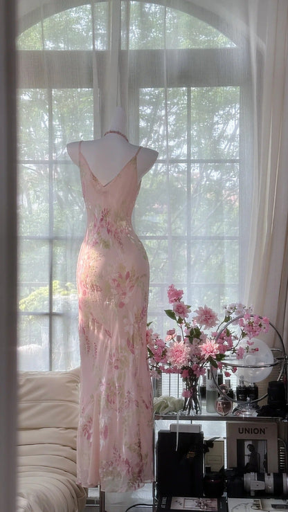 Pink Delicate Floral Long Chiffon Ball Gown Evening Dress Party Dress Birthday Dress Date Dress gh4161