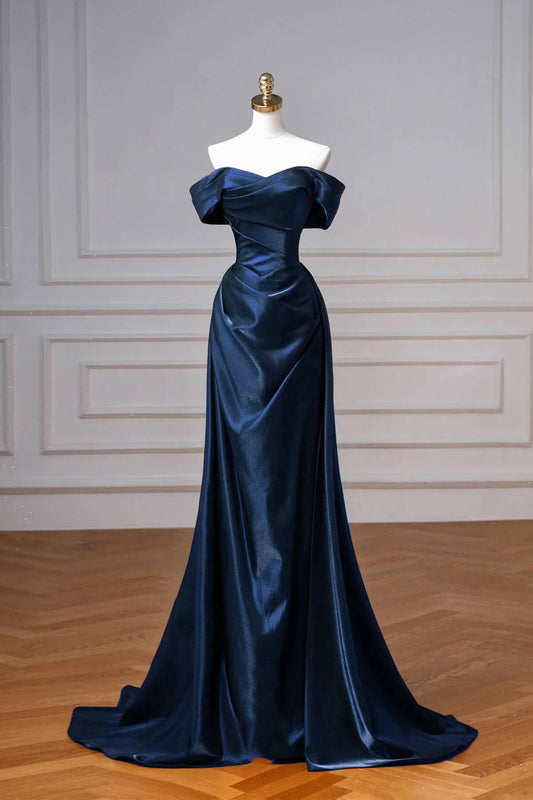 Elegant Classy Fitted Prom Outfit Long Navy Blue Evening Party Gown
