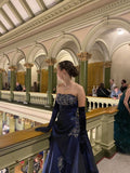 Strapless Navy Blue Dance Dresses Long A Line Formal Outfit with Gloves