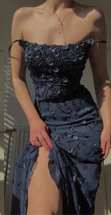 Charming Navy Blue Applique Spaghetti Strap Sheath Long Prom Dress Party Dress Evening Dress TP4514