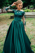 Off-the-shoulder Lace Long Sleeves Evening Dress Green Satin Skirt