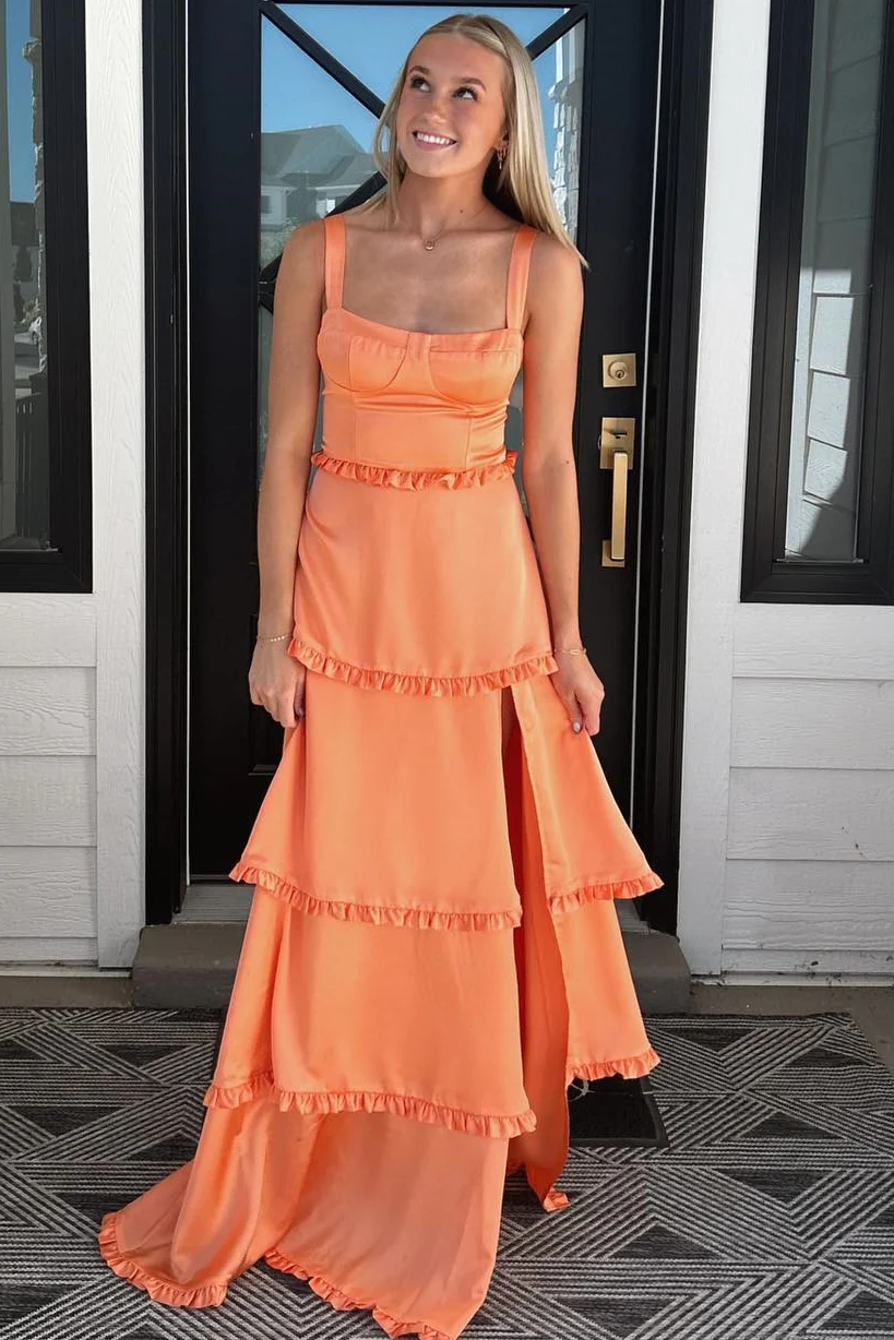 A-Line Straps Layered Satin Formal Prom Dress with Slit
