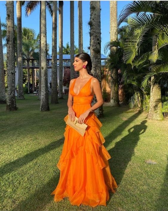 Orange Long Prom Dresses V Neck Formal Dress Outfits