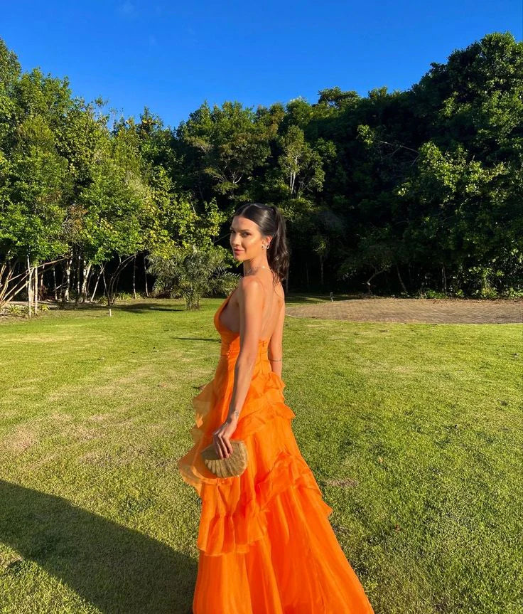 Orange Long Prom Dresses V Neck Formal Dress Outfits