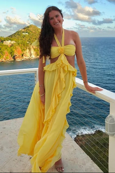 Pretty Halter Illusion Empire Ruffle Chiffon Long Party Prom Dress