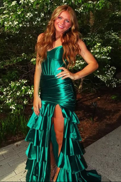 Royal Blue V-Neck Strapless Tiered Long Prom Dress