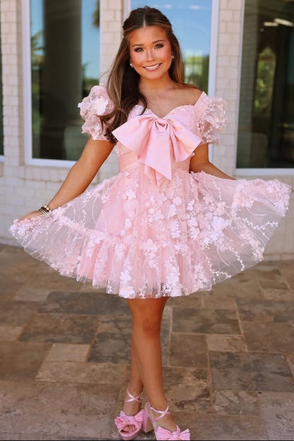 Short Puff Sleeves Pink A-line Babydoll Homecoming Dress