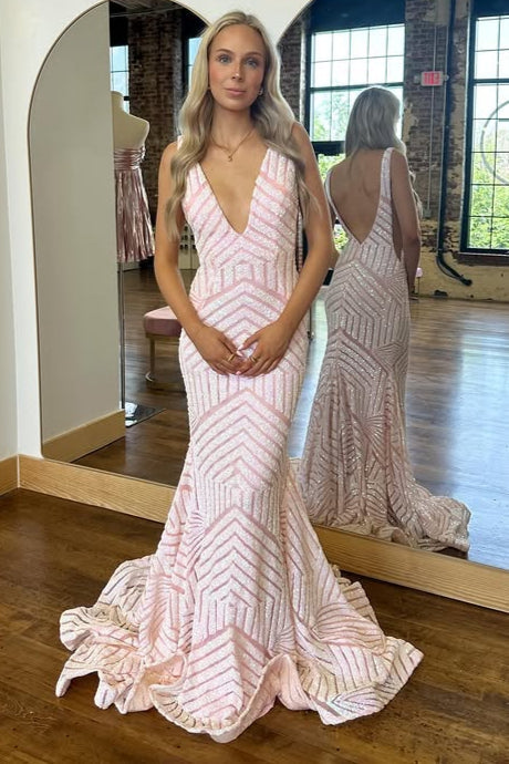 Low V-Neck Backless Mermaid Sparkly Long Party Prom Dress