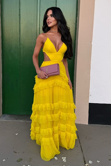 Low V-Neck Sleeveless Illusion Empire Ruffle Long Party Prom Dress