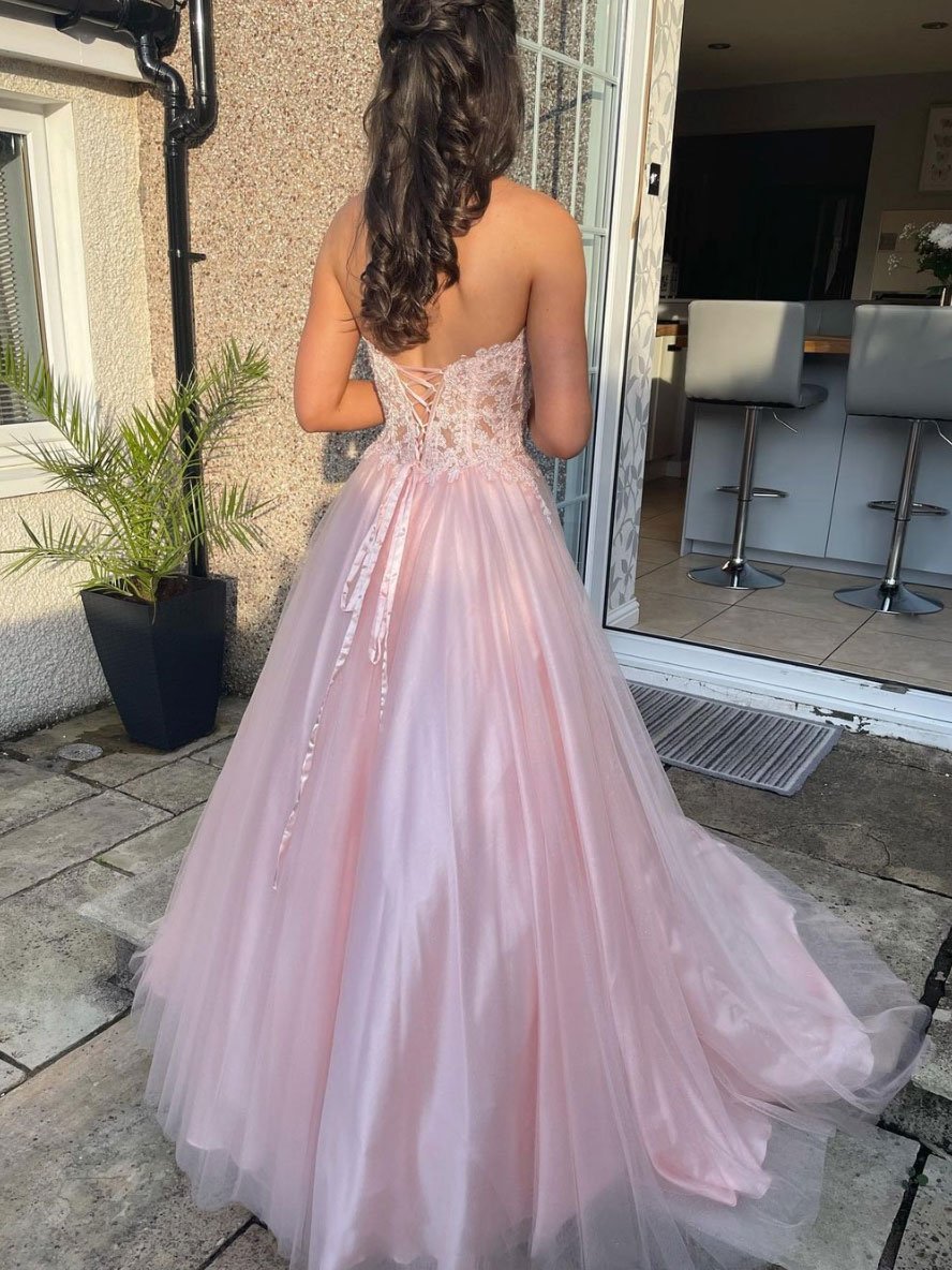 Elegant Pink Tulle Dress Outfit Corset Back Long Birthday Party Gown