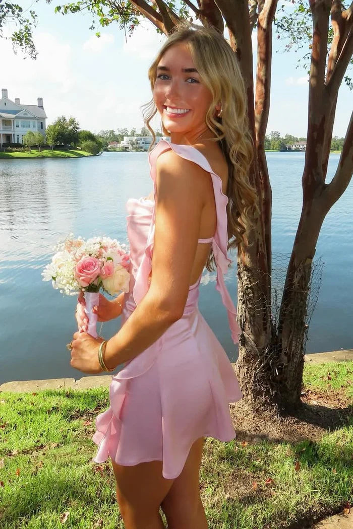 Strapless Pink Cocktail Dress Short Grad Dresses Open Back