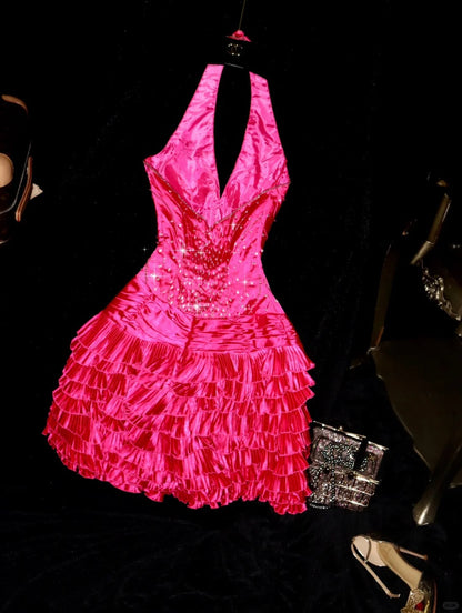 Pink Beaded Homecoming Dress Fashion Short Satin Ball Gown Evening Dress gh4421