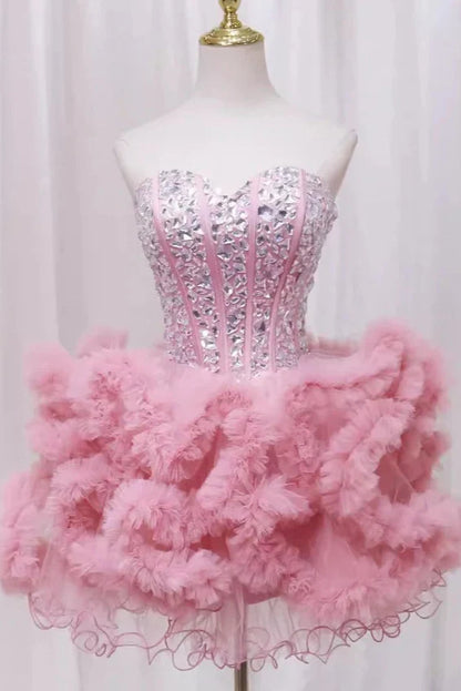 Pink Sweetheart Neck Tutu Dress with Rhinestone Cute Homecoming Dress