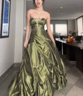 Forest Green Ball Gown Long Prom Dresses With Silver Beads Sweet Strapless Satin Evening Dress