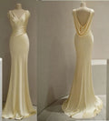 Unique Mermaid V Neckline Yellow Satin Prom Dresses Bodycon Long Evening Dress