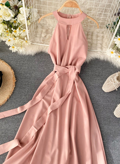 Pink A line chiffon halter dress summer dress 047