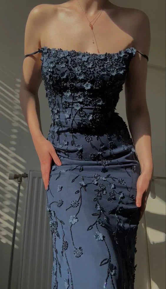 Charming Navy Blue Applique Spaghetti Strap Sheath Long Prom Dress Party Dress Evening Dress TP4514