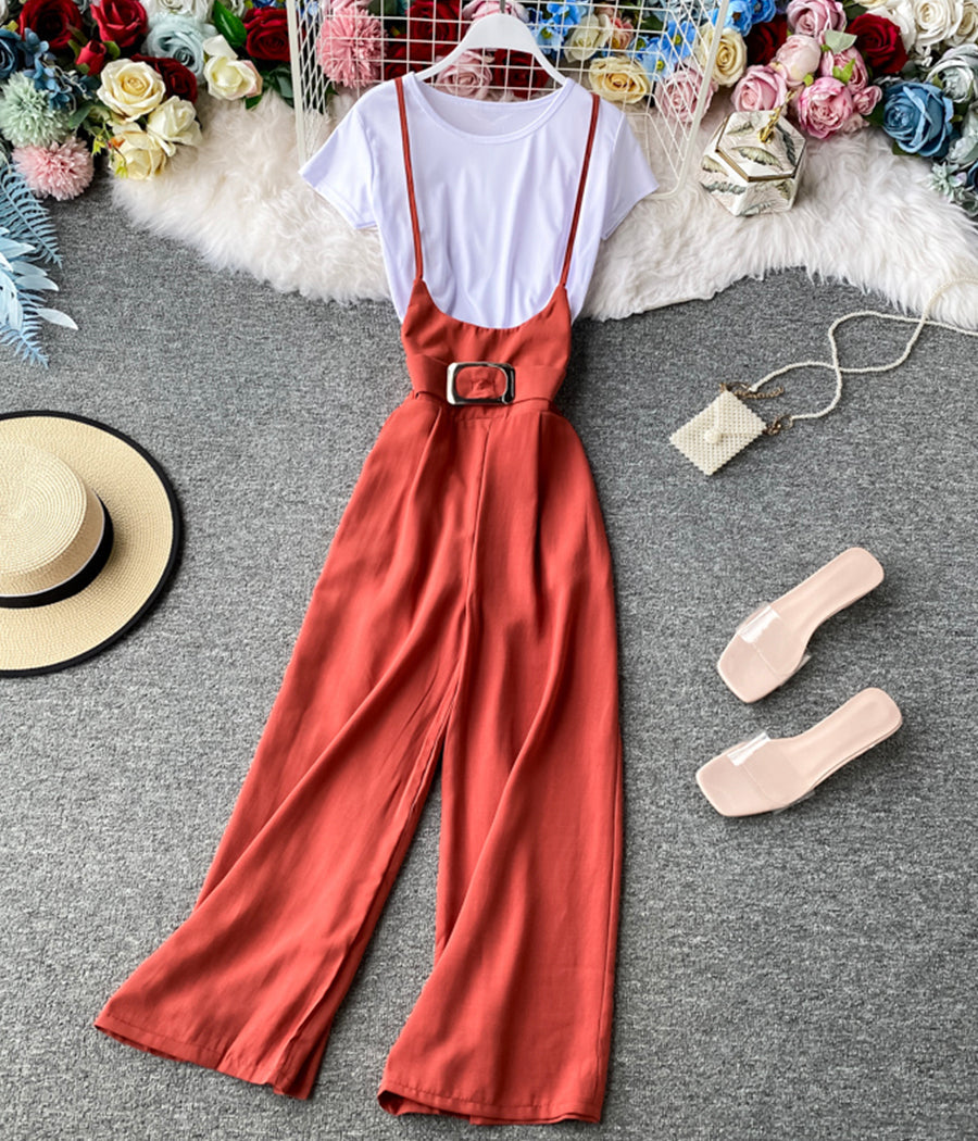 Stylish white t-shirt + strap wide-leg pants 070