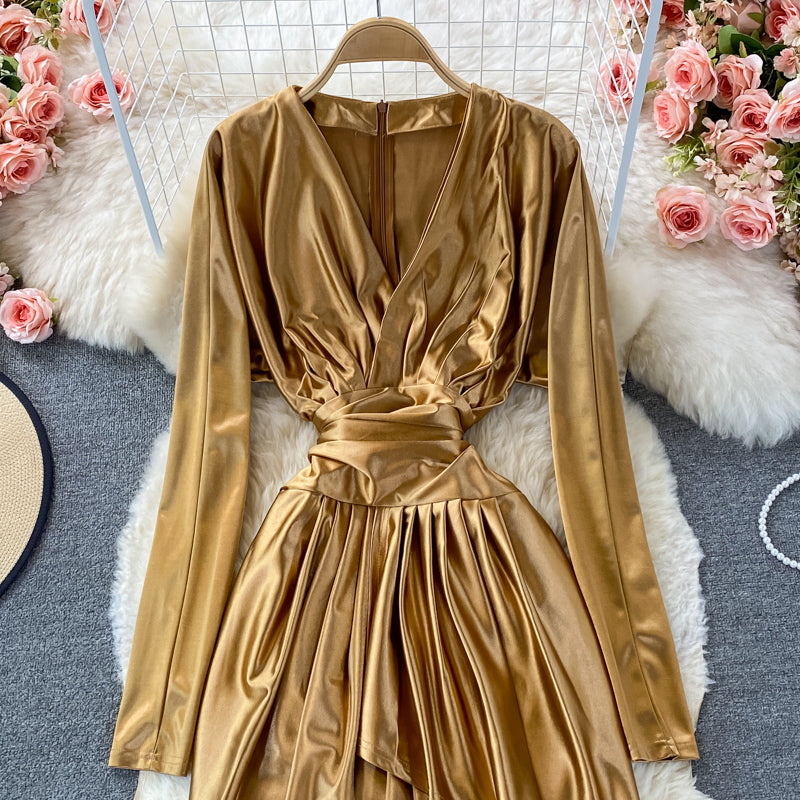 Satin high waist with thin V-neck irregular dress  3352