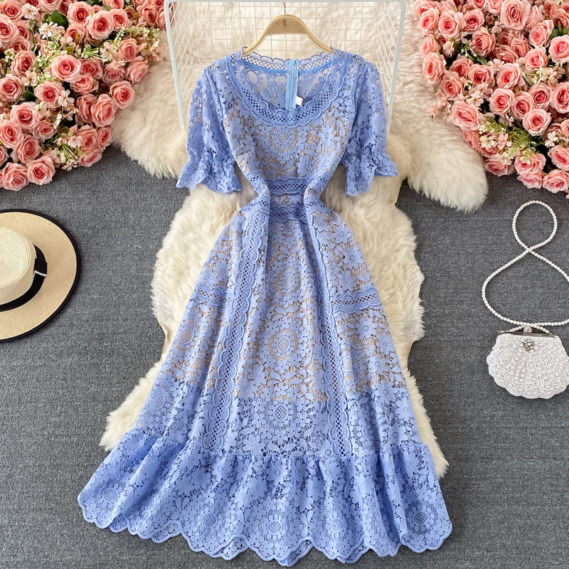 Crew neck water-soluble hollow out Lace Waist slim dress  3212