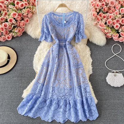 Crew neck water-soluble hollow out Lace Waist slim dress  3212