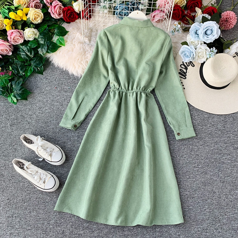 French retro super fairy waist skirt core velvet shirt dress  3401