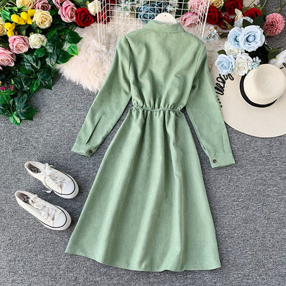 French retro super fairy waist skirt core velvet shirt dress  3401