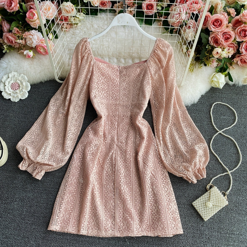Long sleeved Square Neck Lace Dress with lantern sleeves at the waist  3155