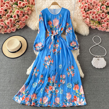 Court Style Vintage Lace Up waist slim print Crew Neck Dress  3211