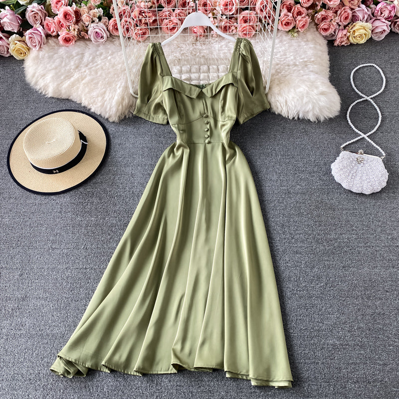 Slim waist, foreign style, bubble sleeve, square neck dress  3045