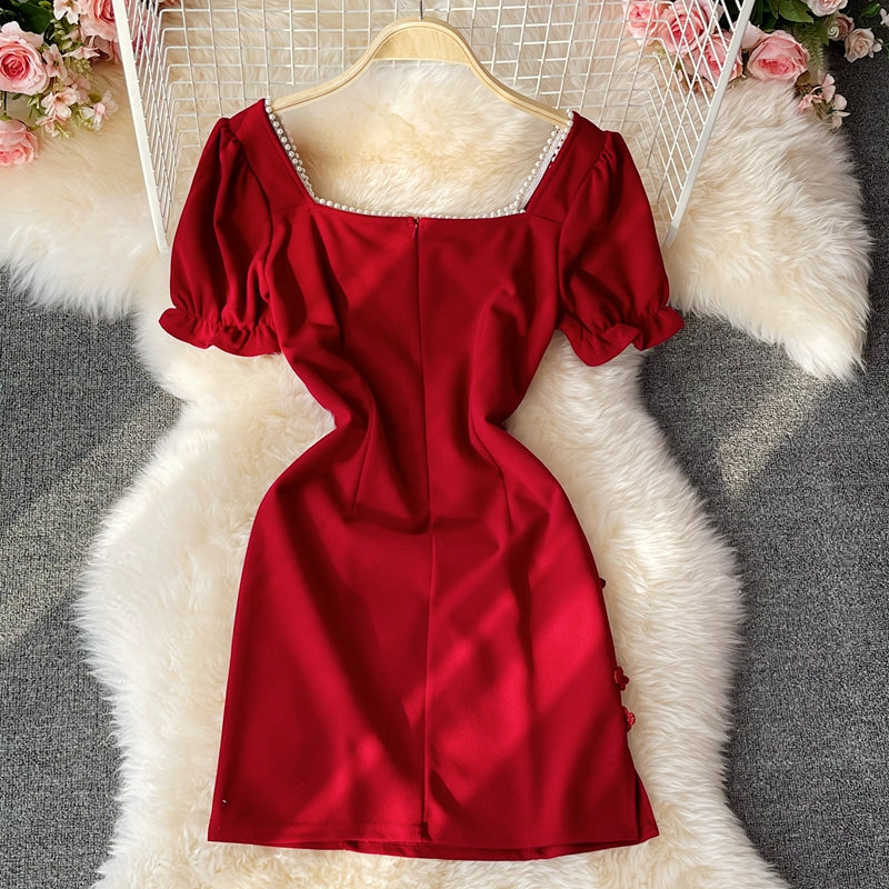 Retro disc buckle temperament bubble sleeve square neck dre  2808