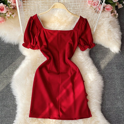 Retro disc buckle temperament bubble sleeve square neck dre  2808