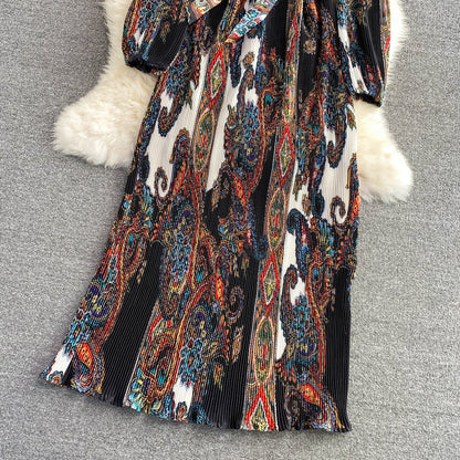 Temperament stand collar printed Pleated Dress  3362