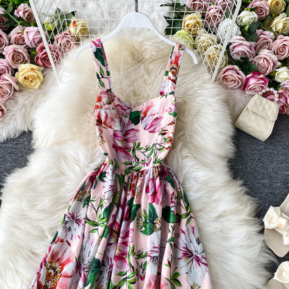 Floral dress open back French long skirt  2847