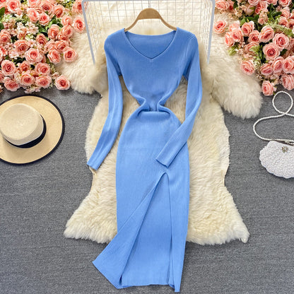 Tight elastic knitted skirt waist closing temperament split dress  2858
