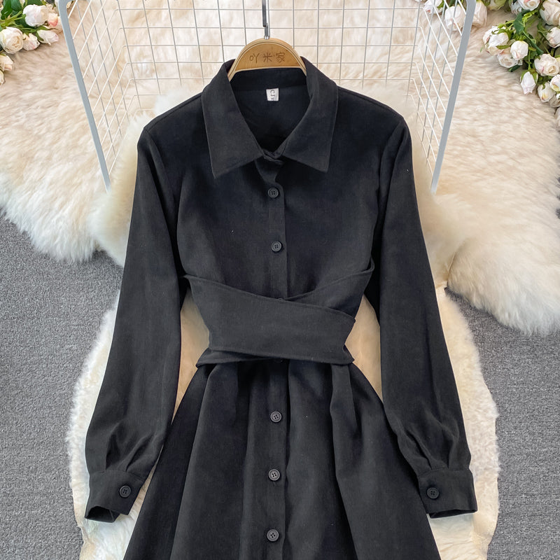 Corduroy bandage single breasted shirt skirt  3272