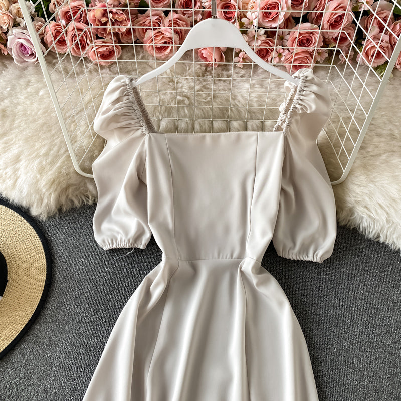 French retro square neck bubble sleeve waist slim dress  2940