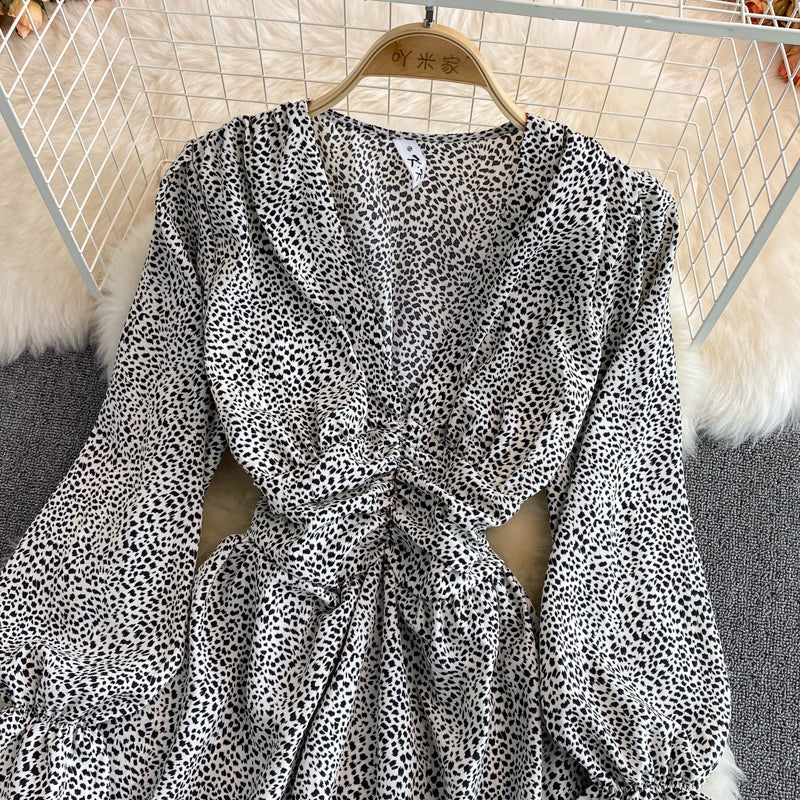 V-neck bubble sleeve small leopard print dress  3128