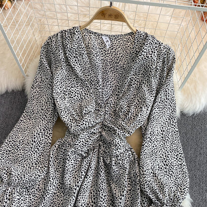 V-neck bubble sleeve small leopard print dress  3128