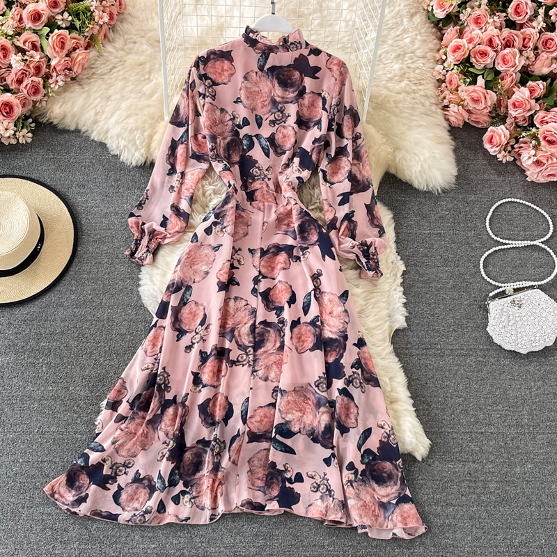 Slim waist and slim temperament French Vintage Chiffon Dress  3198
