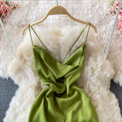 Slim temperament open back gentle wind Satin Dress  3063