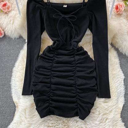 Sexy bubble sleeve slim fit lace up pleated square neck wrap hip dress  2917