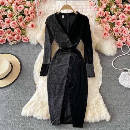 Hot drill velvet dress long skirt waist closing slim cut Hip Wrap Dress  3235