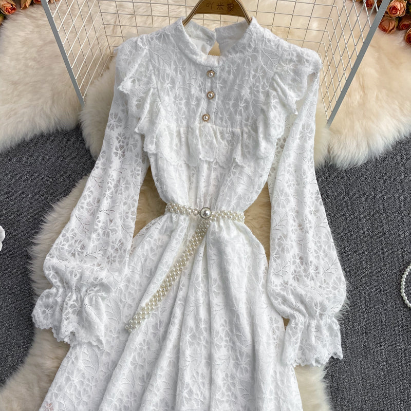 Stand collar backing brushed lace dress  3022