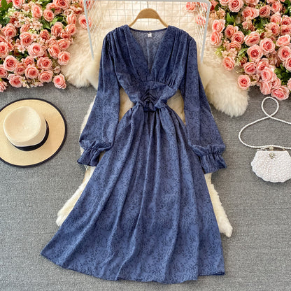 High waist slim V-neck bubble sleeve pleated Floral Dress  3363