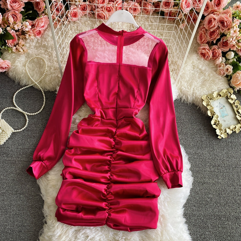 Gauze stitching thin pleated high cold imperial sister wind wrapped hip dress  3158
