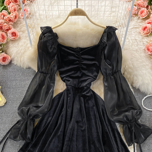 Square neck velvet waist puffy dress  3372