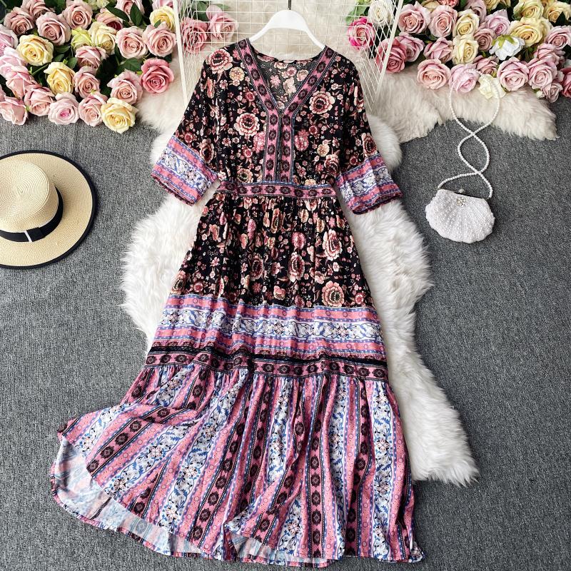 Ruffle floral dress big skirt holiday gentle wind long skirt  3141