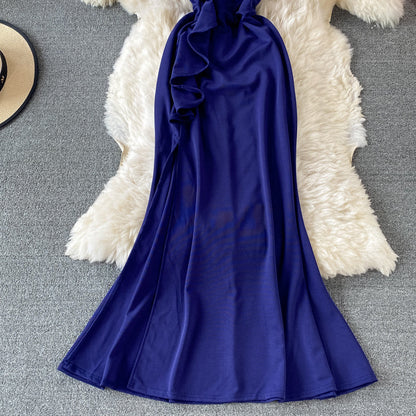 Sexy ruffled diagonal neckline backless dress  2974