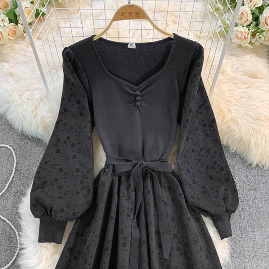 French Vintage knit stitched bubble sleeve Floral Dress  3390